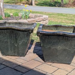 Pair Of 2 Large High-Fired Glazed Ceramic Planters Square Green Scroll Lip EUC