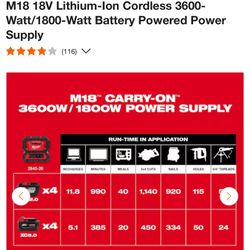 M18 18V Lithium-Ion Cordless 3600-Watt/1800-Watt Battery Powered Power Supply