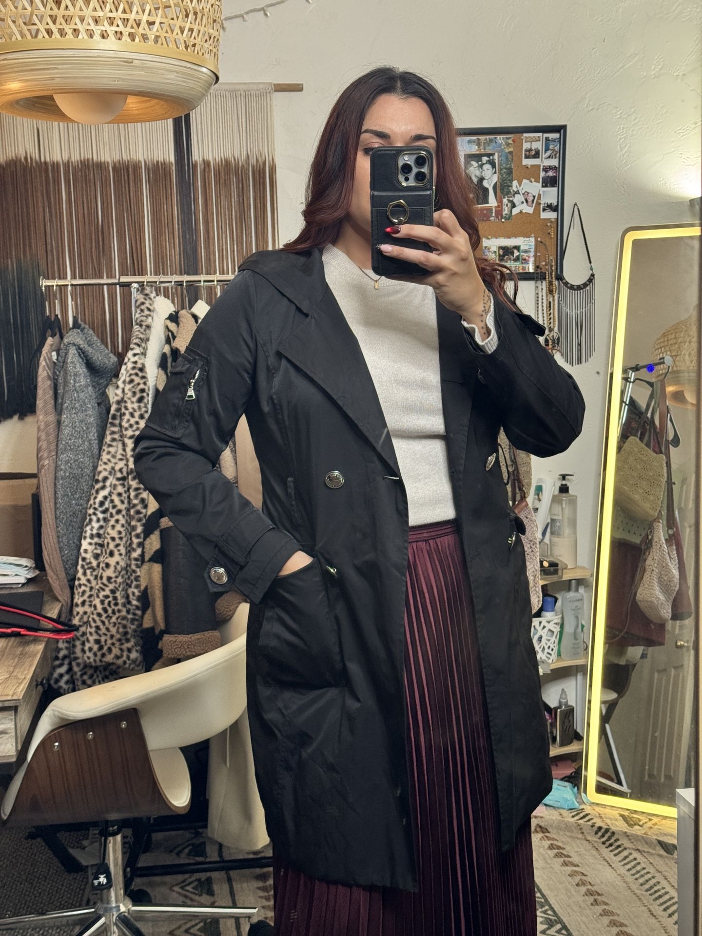 Steve Madden Black Trench/ Rain Coat – Size Womens Large – Hooded, Lightweight