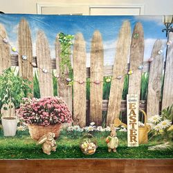 Easter Backdrop Decoration Colorful Easter-themed backdrop with bunnies and flowers. Fabric Backdrop by Kate  Size 118’’ X 116’’