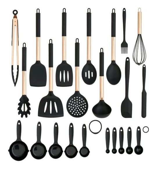 Rose Gold Silicone Kitchen Utensils Set (23pcs) - Luxury Cookware Utensil Collection - Suitable for Non Stick Pots and Pans