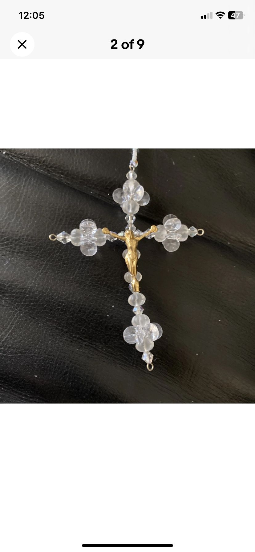 Vintage Catholic Frosted Glass Bead Rosary Wedding Lasso, Gold Tone Crucifix (9)