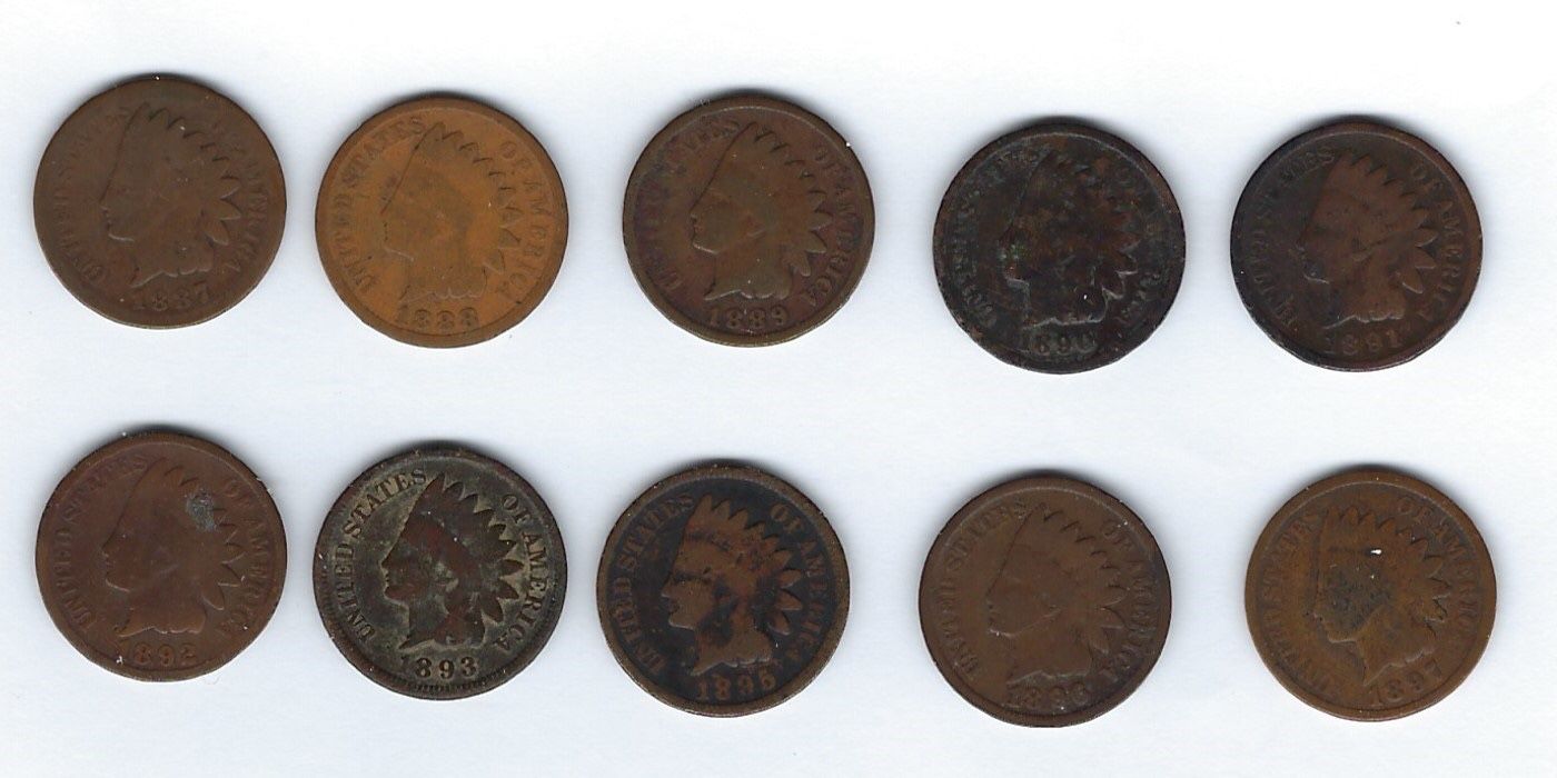 10 Indian Head Cents 1887 To 1897