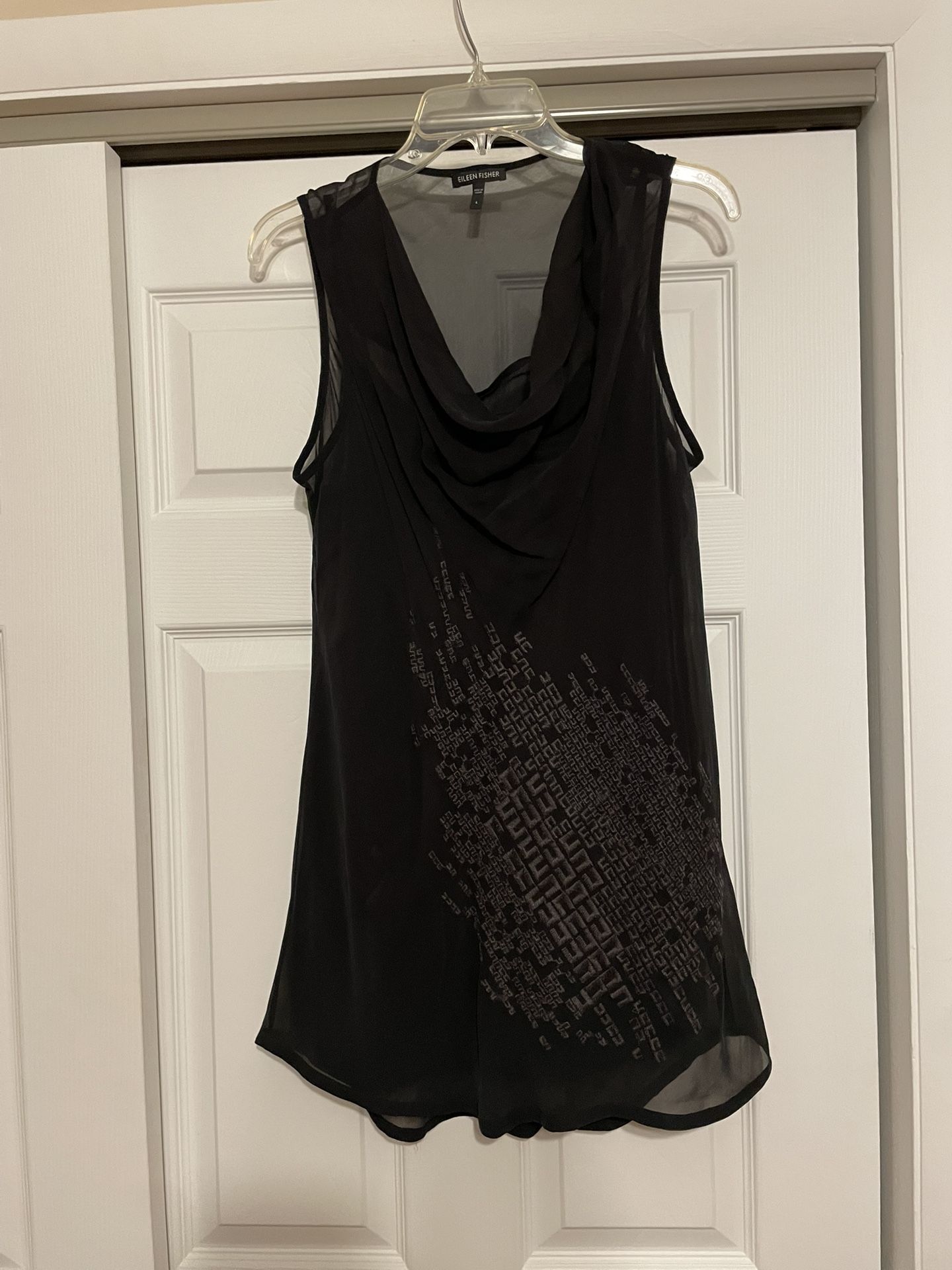Eileen Fisher Black w/Gray Embroidered Silk Dress - Size Large