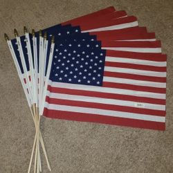 7 pack USA American Flag USA 12'' X 19'' Nylon with wooden Stick made in USA