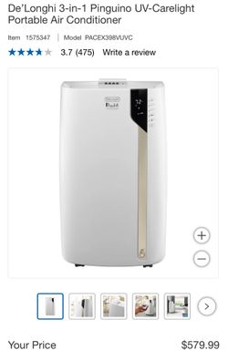 De'Longhi PACEX390UVcare-6AL WH PAC Portable Air Conditioner, Dehumidifier, Fan & UV-Carelight, 14000 BTU + UV CARE, White