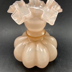 Vintage FENTON 1940s ~ 8" PINK MELON glass peach ruffle double crimped vase 