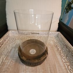 Wooden Bottom Glass Candle Holder H 10" W 6",Bottom 7"