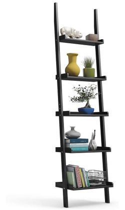 Ladder Shelf, 5-Tier Multifunctional Modern Wood Plant Flower Book Display Shelf, Home Office Storage Rack Leaning Ladder Wall Shelf (Black, 1)