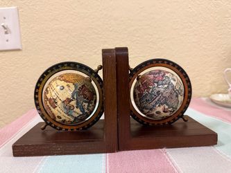 Vintage Japanese Globe Wood Bookends 6”