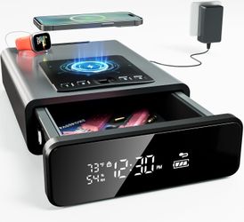Biometric Discreet Gun Safe with 12-Hour Time Clock Display, Wireless Charging Pistol Safe for Handgun