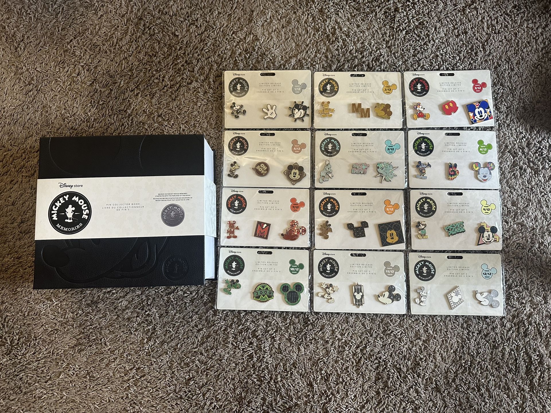 Disney Store Mickey Mouse Memories Pins Full Set Badges &Book 100th Anniversary