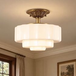 Milk Glass Ceiling Light Fixture,14.17'' Vintage Gold Semi Flush Mount,E12 Bulbs