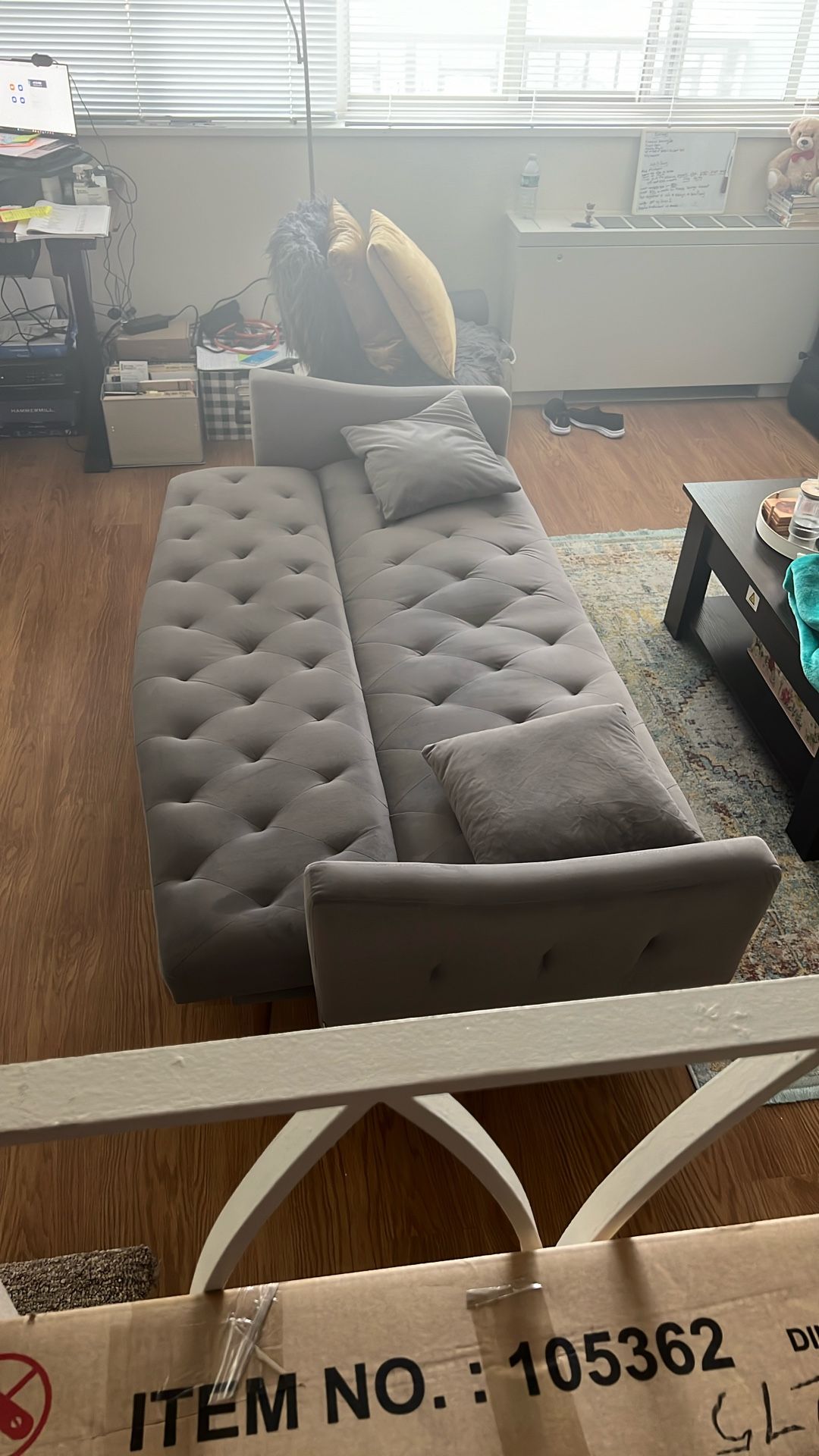 Gray Futon Sofa Bed Velvet Upholstered Couch Convertible Adjustable Back