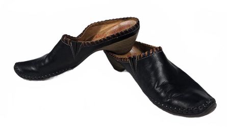 PIKOLINOS Tabarca Black Leather Contrast Whipstitch Clogs Mules Wedge 39/8.5