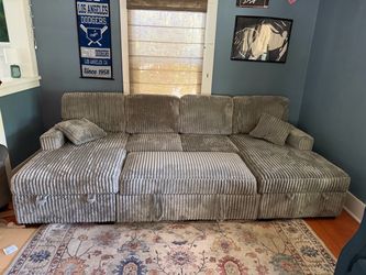Large Gray Corduroy Sectional Sofa with Storage