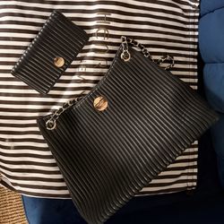 Henri Bendel Black Quilted Shoulder Bag With Matching Wallet 