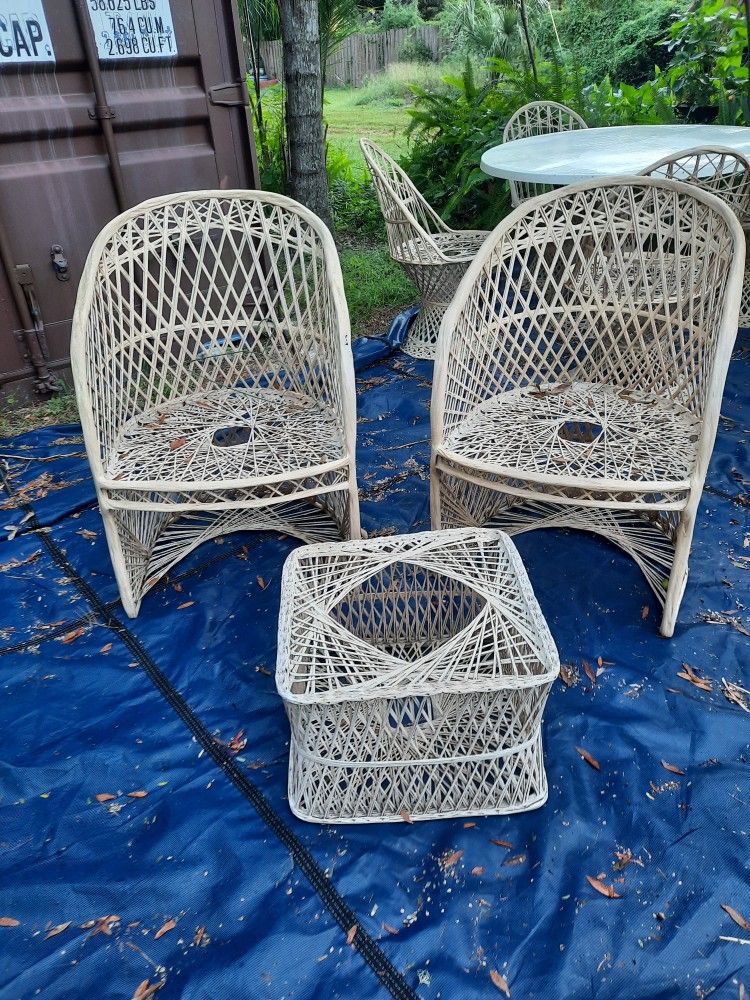 Mid Century  Set 2 High Back Chairs 1 Foot Stool/table