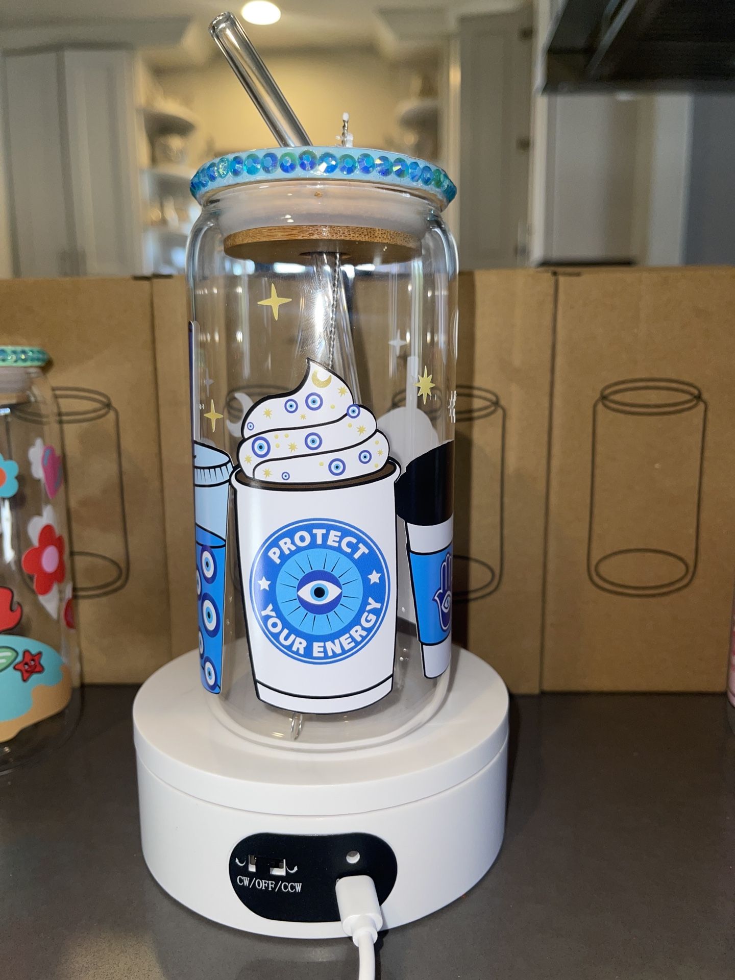 Blue Evil Eye Lattes Libbey Beer Can Glass Cup