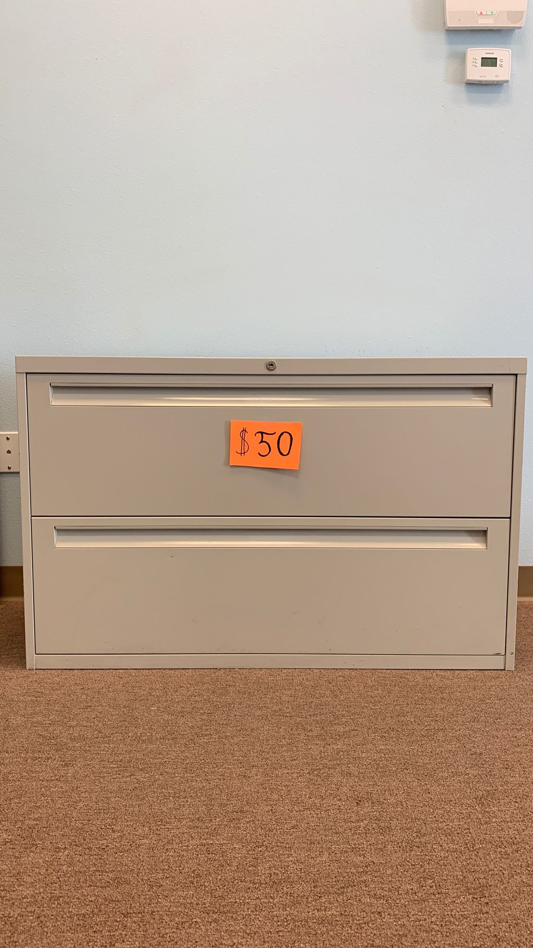 2-DRAWER LATERAL FILE CABINET, ONE TAN, ONE GRAY, $50 EACH, TAKE ONE OR BOTH