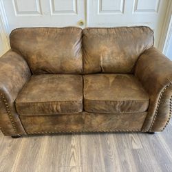 Faux Leather Loveseat – Rustic Brown | Nailhead Trim | Deep Cushions