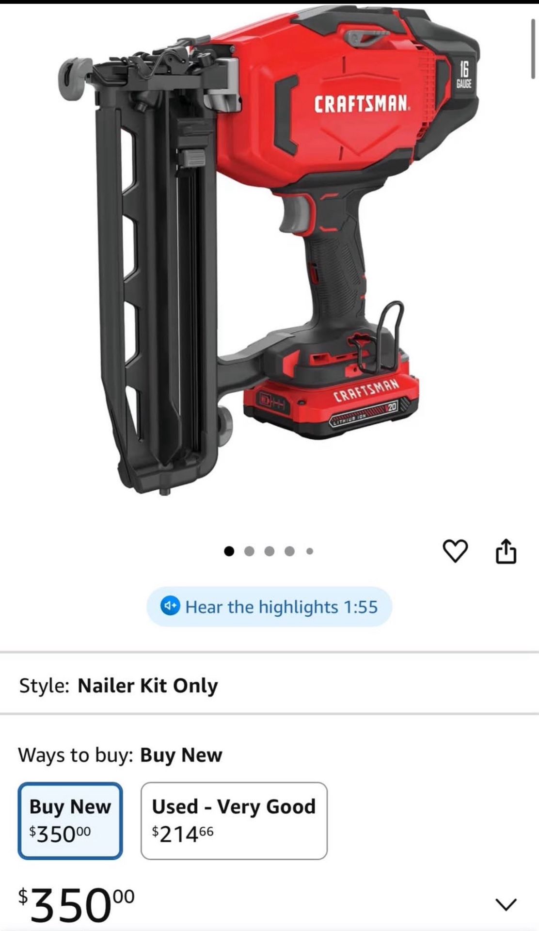 Craftsman V20 Cordless Finish Nailer Kit, Nail Gun, 16ga, 2-1/2 Nails, ( Cmcn616c1)