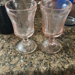 VTG Indiana Glass Madrid Pink Depression Recollection Footed Goblet Set 2