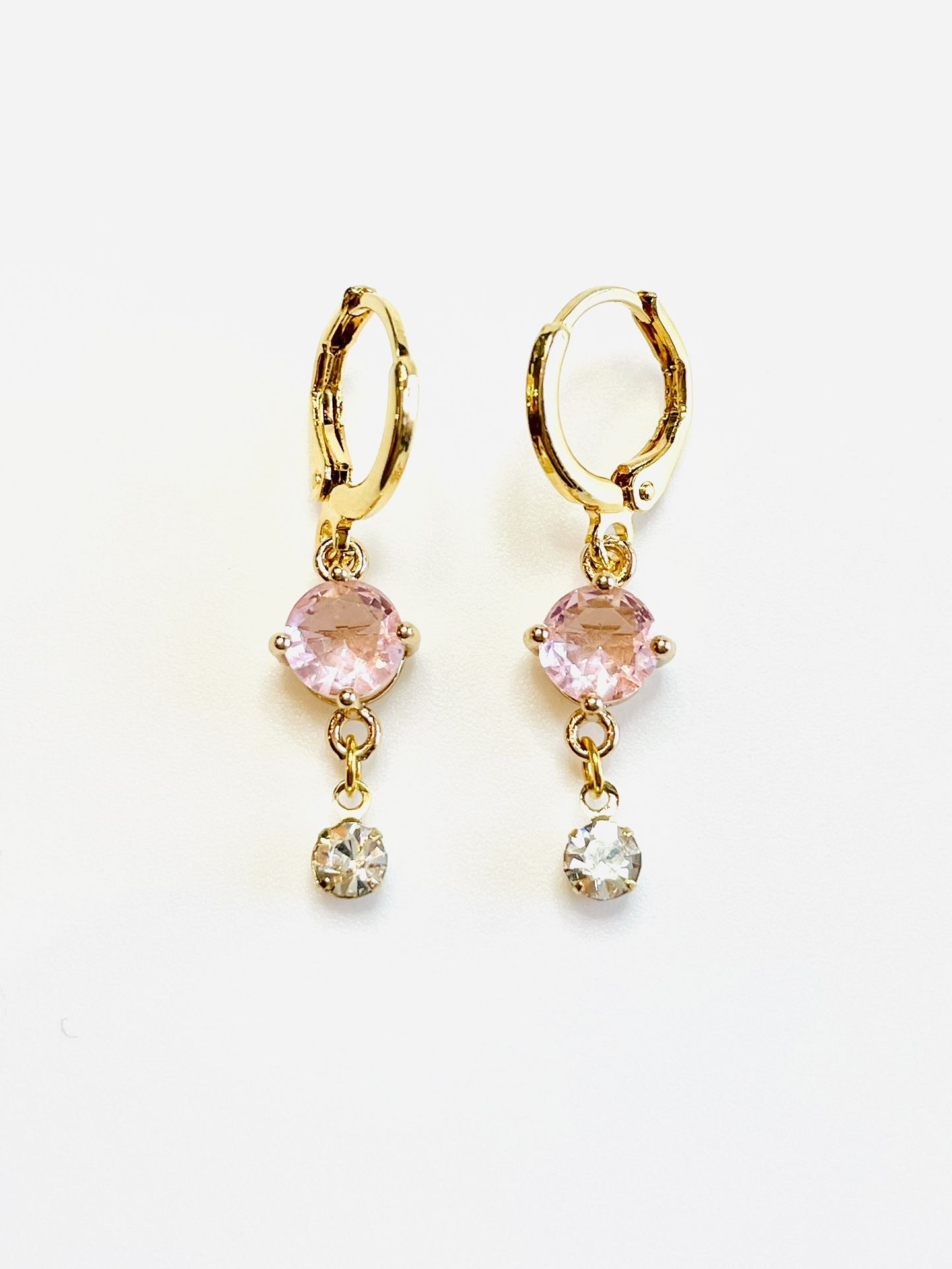 Pink diamond moonstone Clear zircon Gold 12mm Huggies Hoops Bohochic Dangle 1” drop Y2K