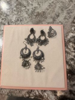 Silver Jhumka Earrings and Flower Ring Set