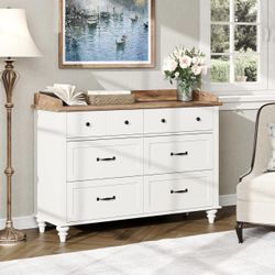 White Dresser for Bedroom with 6 Drawers, Mid-Century Dressers and Chests, Kids Dresser with Metal Slide and Solid Wood Legs, Storage Closet Organizer