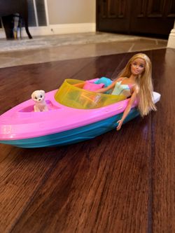 Barbie Doll with Pink Speedboat and Puppy