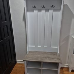 White Entryway Bench with Shoe Storage & Coat Hooks