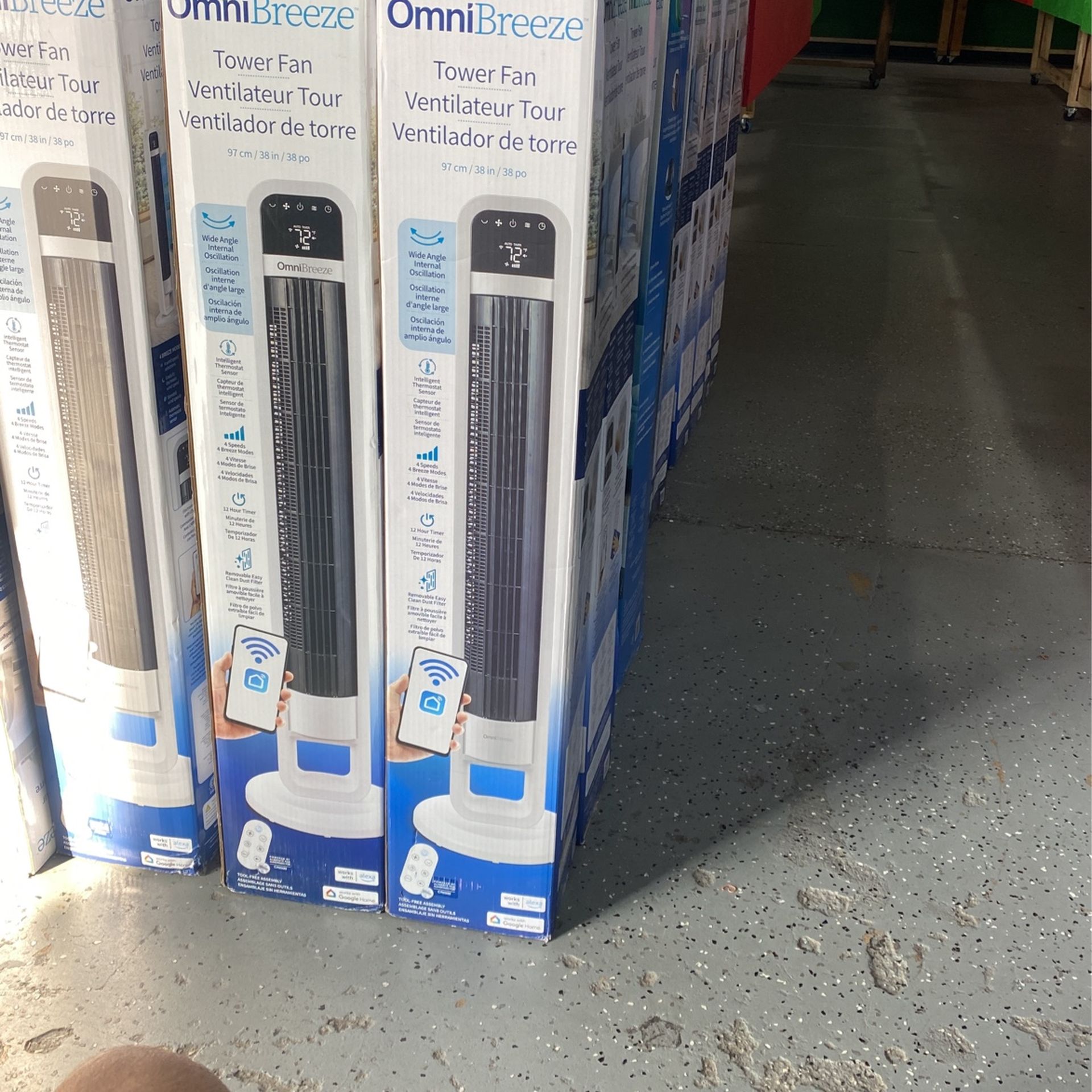OmniBreeze Digital White Tower Fan with Remote Control, Four Speeds and Adjustable Breeze Modes, (contact info removed), Unitalla