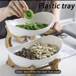 2 Tier Plastic Fruit Bowl with bamboo Wooden Stand