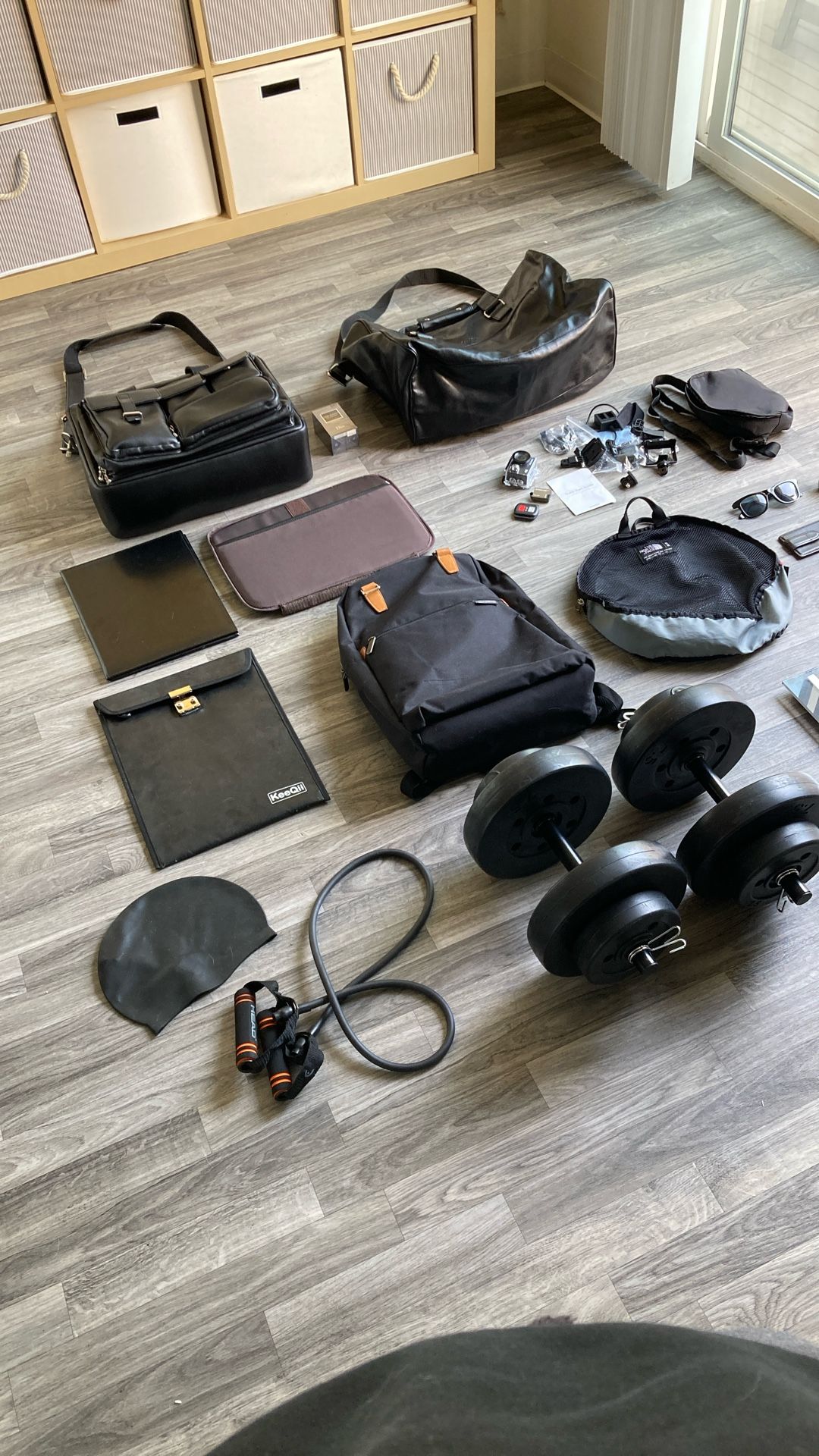 Mens Full Grain Leather Breifcase, New Dior Homme Cologne, Real Black Leather Calvin Klein Overnight Duffle Bag, Northface Bag, GoPro Ek 4k, Weights,