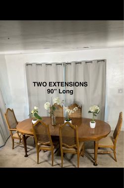 Dining table With 3 Extensions & 6 Cane Back Chairs