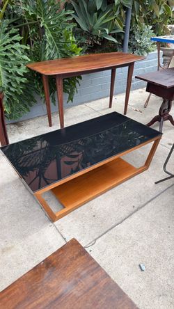Modern contemporary teakwood, black glass designers coffee table