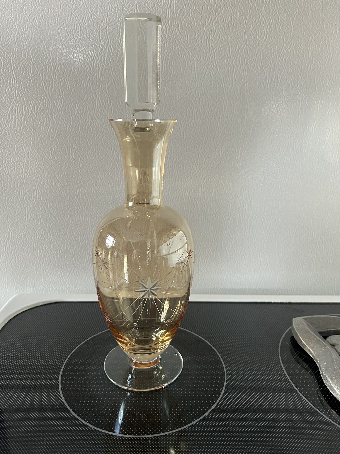 Mid Century Etched Amber Glass Decanter 