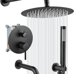 Shower System with Tub Spout Wall Mount 3 Function Rough-in Valve Bathtub Shower Faucets Set Complete Rain 10 Inch Round Showerhead Trim Kit Combo, Cy
