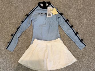 Blue One-Piece Swimsuit + White Swim Skirt Set Size M - Long Sleeve, New With Tags