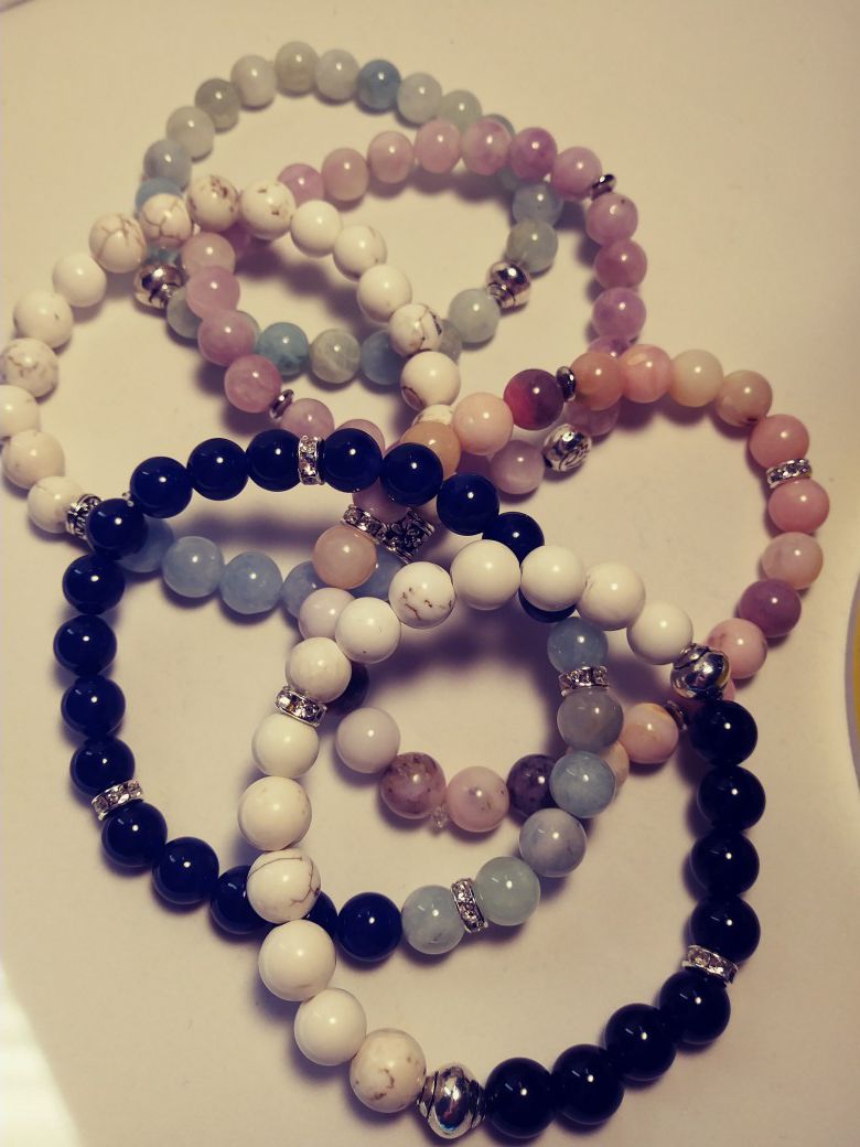 Gemstone bracelets onyx , moonstone , aquamarine, jade, turquoise, kunzite, agate quartz