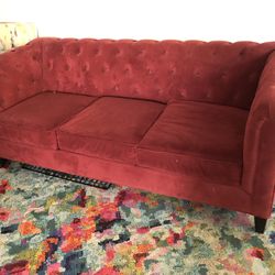 Red Velvet Diamond Tufted Couch For Sale