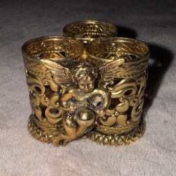 Vintage Hollywood Regency Lipstick Holder 3 Tube Gold Tone Filigree Cherub