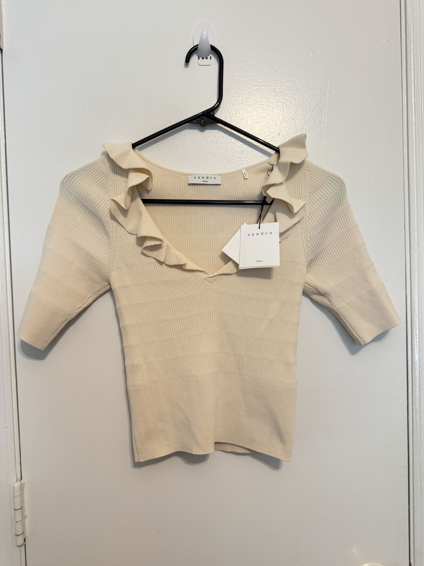 SANDRO Paris Liyah Ruffle Cream Cropped Sweater Size 1