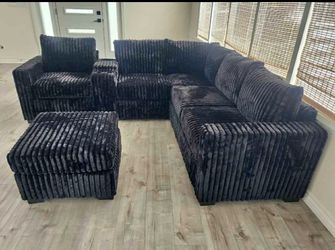 Jumbo corduroy couch new in box console charger station cup holders/no showroom