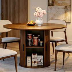 Garvee 47 Inch Round Dining Table for 4, Kitchen Table Dinner Table with 2-Layer Storage Shelf and Wood Slide Door for Home Dining Room Living Room