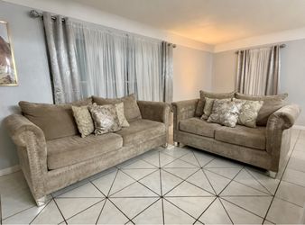 Taupe Velvet Sofa & Loveseat Set with Nailhead Trim (Pillows Included)