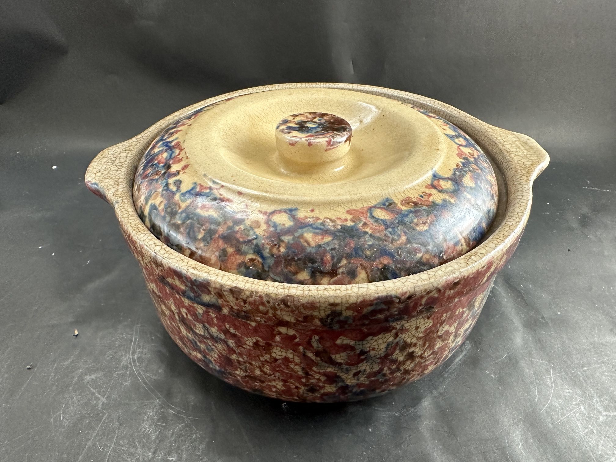 RARE Valued Antique Spongeware Ceramic Pottery Casserole Dish w Lid (look it up)
