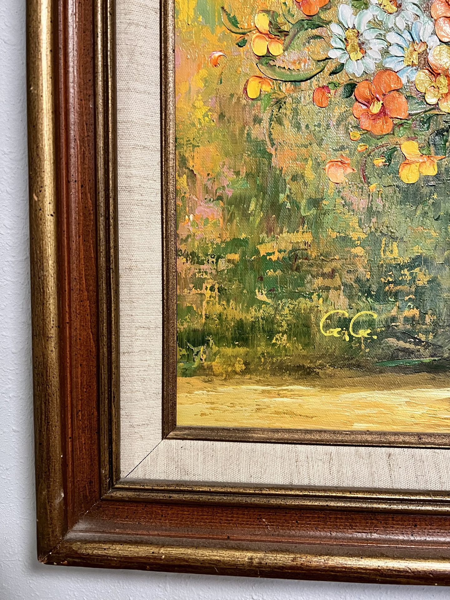 Large Vintage Floral Acrylic Painting. Framed Canvas Painting. Warm Colors MCM Mid Century Decor