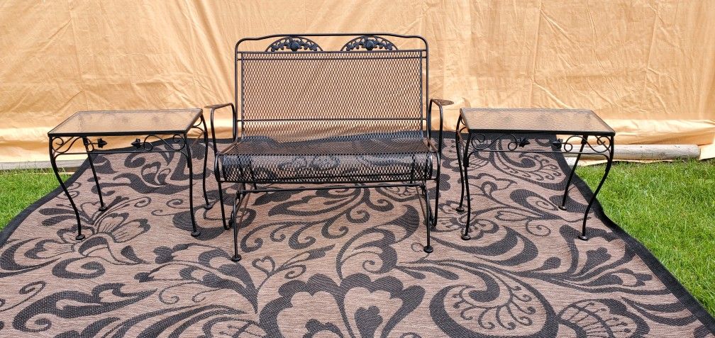 Beautiful Vintage Classic Woodard Wrought Iron Glider Bench Set with 2 Matching Glass Top Tables 👀!